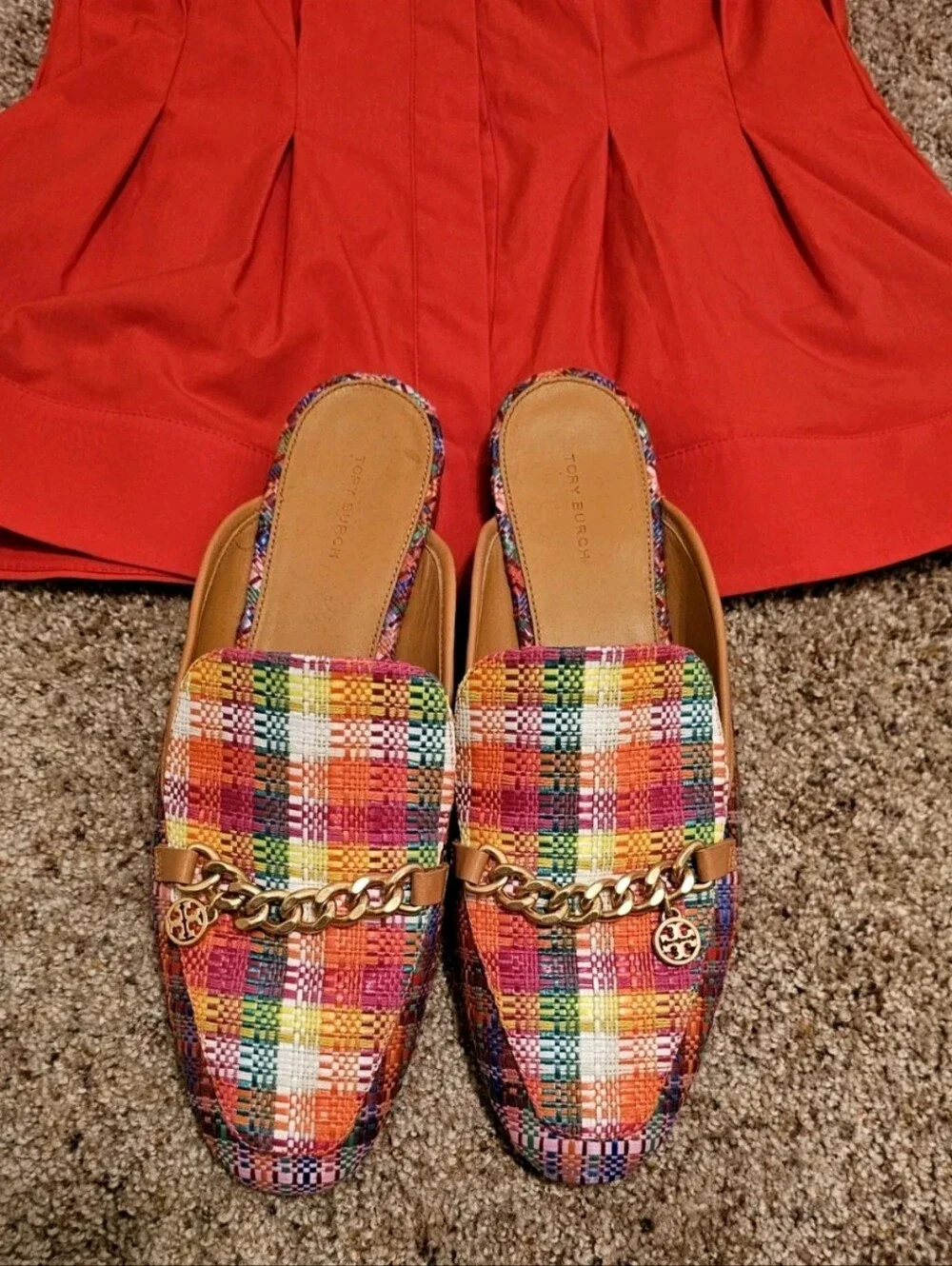 Tory Burch Leather Mini Benton Multi Plaid Loafer w/Gold Charm 10.5-Retail $299